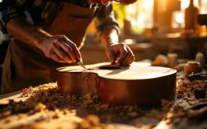 Un luthier dans un petit atelier, photo réaliste en gros plan sur ses mains sculptant la table d'harmonie d'une guitare acoustique, copeaux de bois et outils sur l'établi, lumière chaude et volumétrique filtrant par la fenêtre.