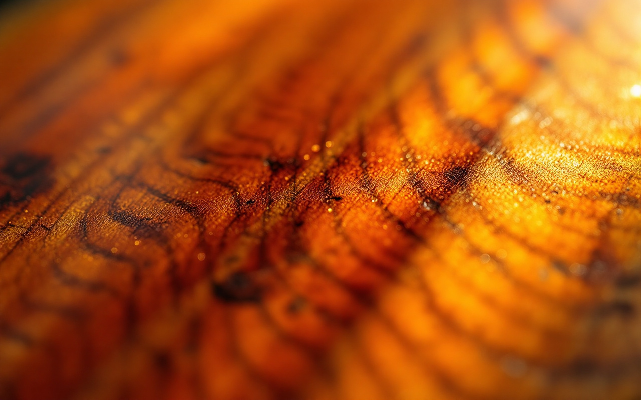 Gros plan de la table en épicéa d'un violon montrant le grain du bois et le vernis, tons chauds ambrés avec reflets brillants, arrière-plan sombre et éclairage doux volumétrique, texture et pores du bois clairement visibles.