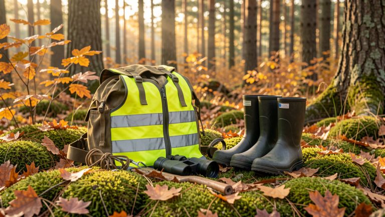 Équipement de chasse disposé avec soin sur le sol d’une forêt automnale, comprenant un gilet fluorescent, un sac robuste et des bottes imperméables.