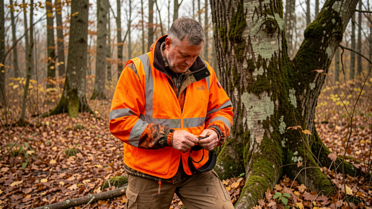 Un homme en tenue de chasse orange vérifie attentivement son équipement de sécurité dans un sous-bois aux couleurs de l’automne.