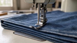 Gros plan sur une aiguille robuste de machine à coudre traversant un ourlet de jean épais bleu.