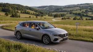 Famille en voiture parcourant une route verdoyante entre les collines de Franche-Comté, sous une lumière douce de week-end.