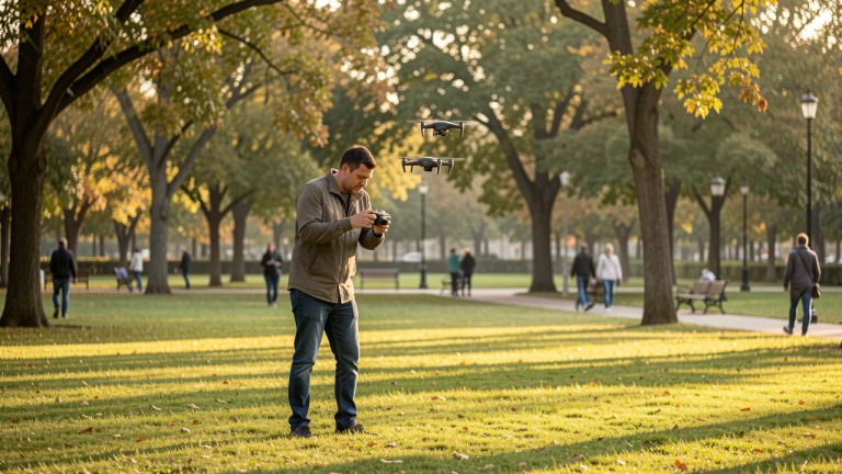 Un homme débutant fait décoller calmement un petit drone dans une zone dégagée d’un parc, à distance respectueuse des promeneurs et des arbres.