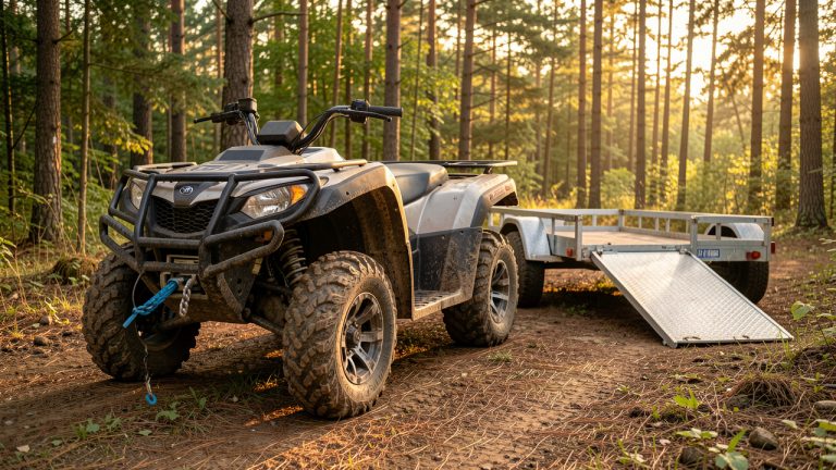 Quad utilitaire de chasse équipé d’un treuil avant, stationné en forêt près d’une remorque basse avec une rampe sécurisée, sous une lumière chaleureuse de fin de journée.