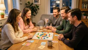 Huit amis adultes réunis autour d’une table pour une soirée conviviale de jeu de société, avec des cartes et des pièces colorées soigneusement disposées.