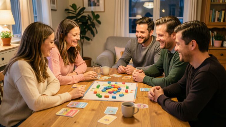 Huit amis adultes réunis autour d’une table pour une soirée conviviale de jeu de société, avec des cartes et des pièces colorées soigneusement disposées.