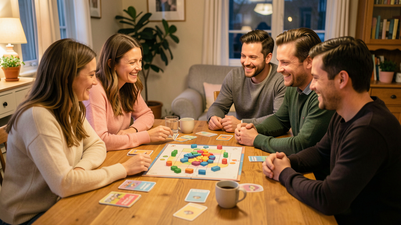 Huit amis adultes réunis autour d’une table pour une soirée conviviale de jeu de société, avec des cartes et des pièces colorées soigneusement disposées.